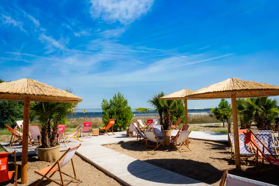 Strohschirme, Palmen und Liegestühle am VIEW Beach mit Blick auf die Ostsee
