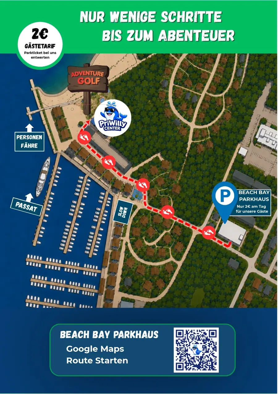 Parkplan: Vom Beach Bay Parkhaus wenige Schritte zum PriWilly Center